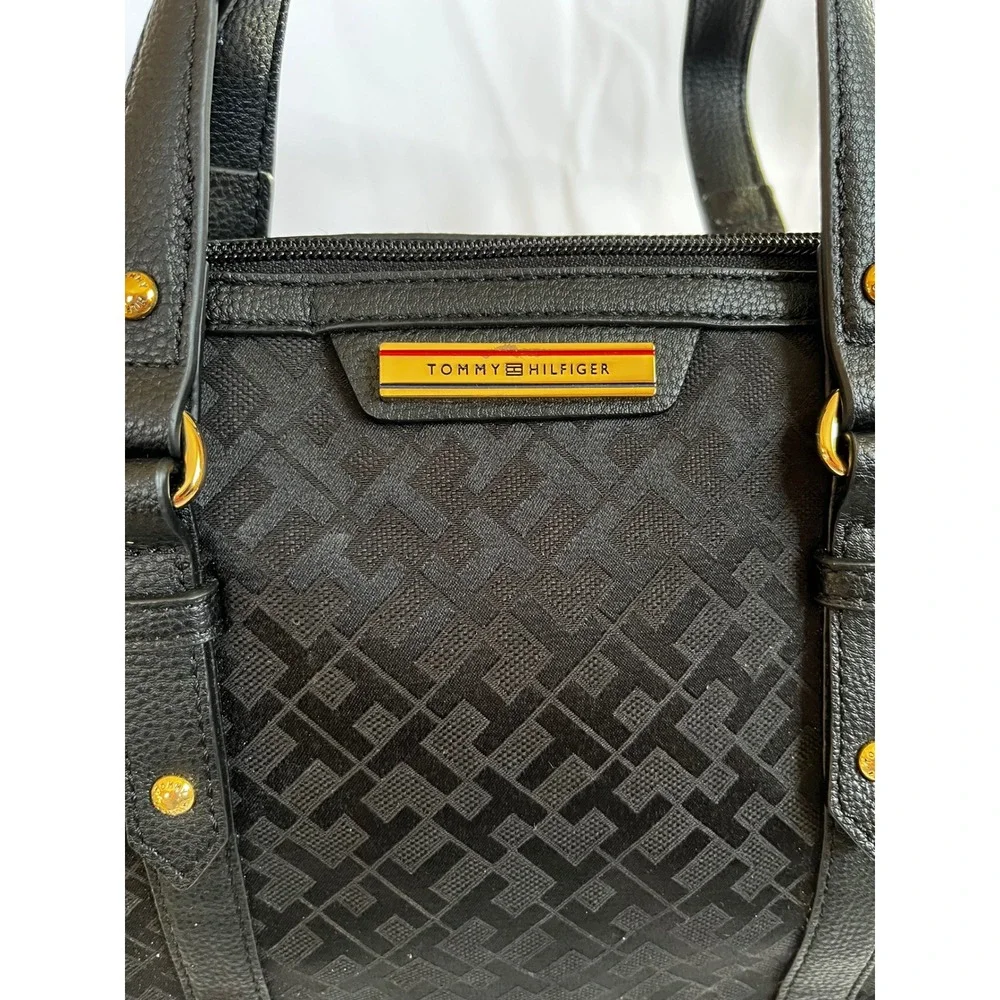 Tommy Hilfiger Black Signature Monogram Satchel‎ Handbag Gold Hardware